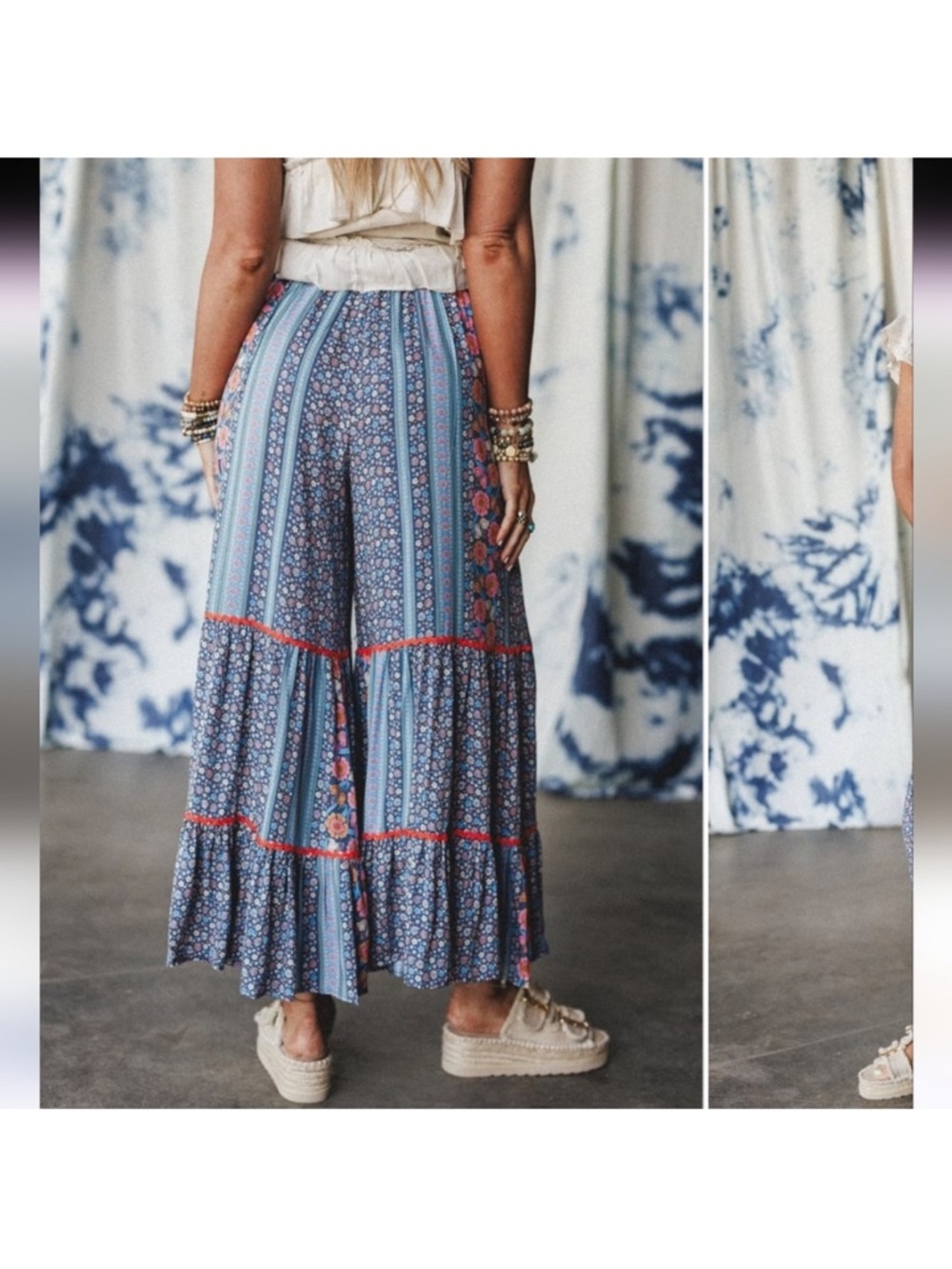 easel Blue Floral Patchwork Wide leg boho pants  with Orange Trim NWOT - Picture 7 of 15